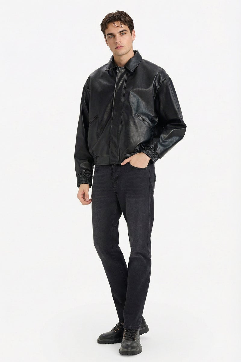 DeFacto Black Man Oversize Fit Shirt Collar Zippered Faux Leather Jacket Casual - Image 2